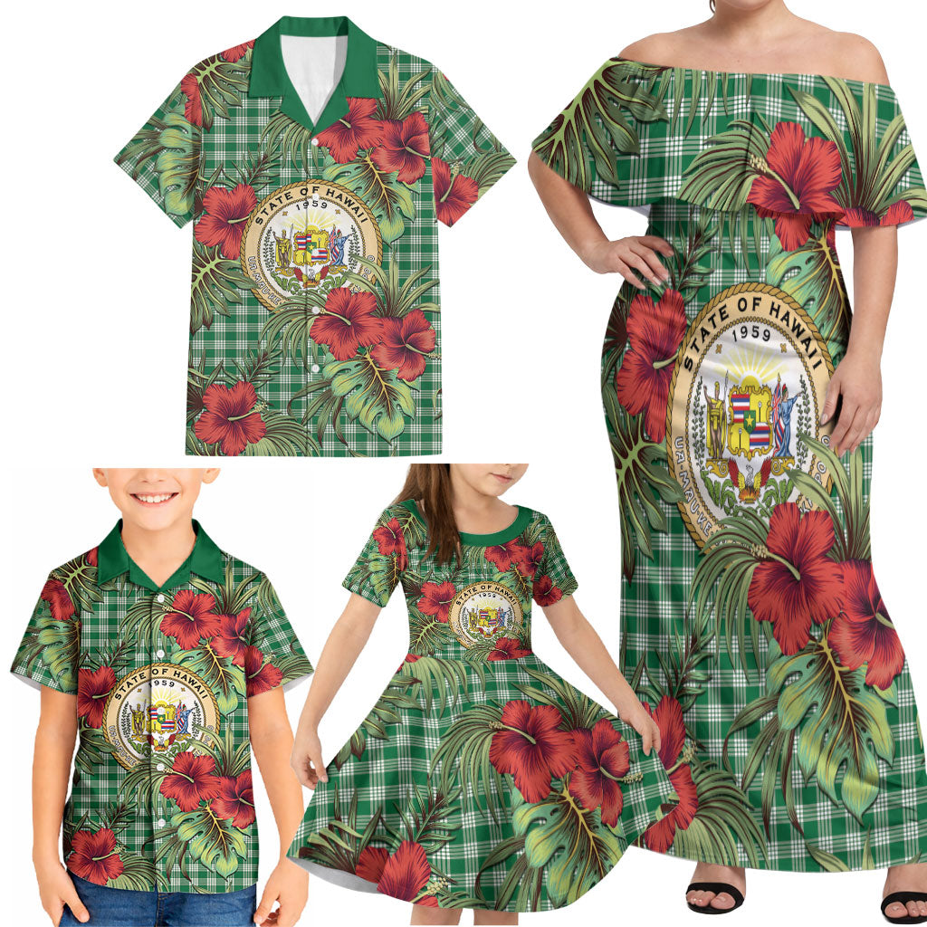 Vintage Hawaii Hibiscus Palaka Family Matching Off Shoulder Maxi Dress and Hawaiian Shirt Green Color LT19 - Polynesian Pride