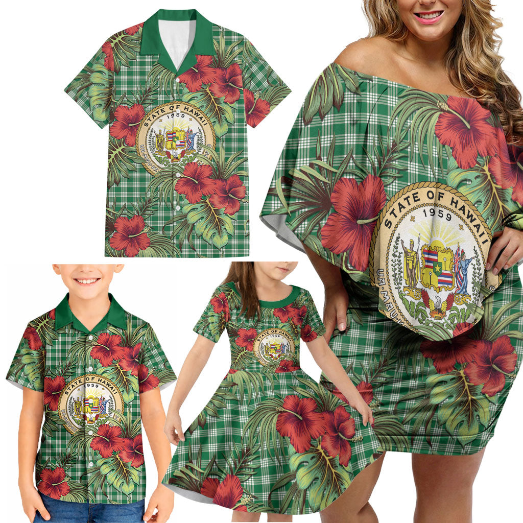 Vintage Hawaii Hibiscus Palaka Family Matching Off Shoulder Short Dress and Hawaiian Shirt Green Color LT19 - Polynesian Pride