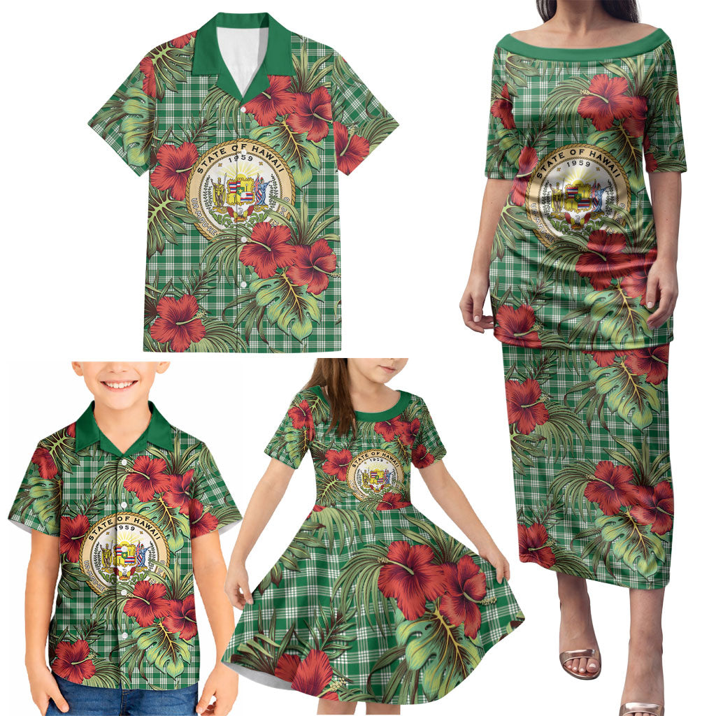 Vintage Hawaii Hibiscus Palaka Family Matching Puletasi and Hawaiian Shirt Green Color LT19 - Polynesian Pride