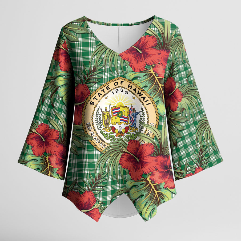 Vintage Hawaii Hibiscus Palaka Kimono Sleeve Blouse Green Color
