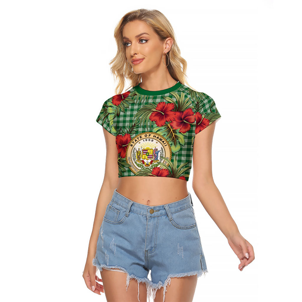 Vintage Hawaii Hibiscus Palaka Raglan Cropped T Shirt Green Color