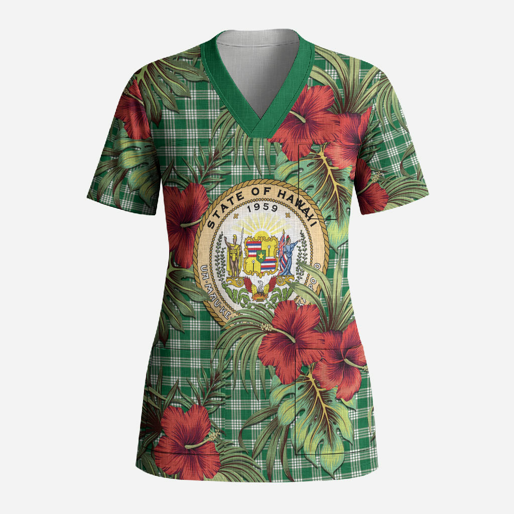 Vintage Hawaii Hibiscus Palaka Scrub Top Green Color