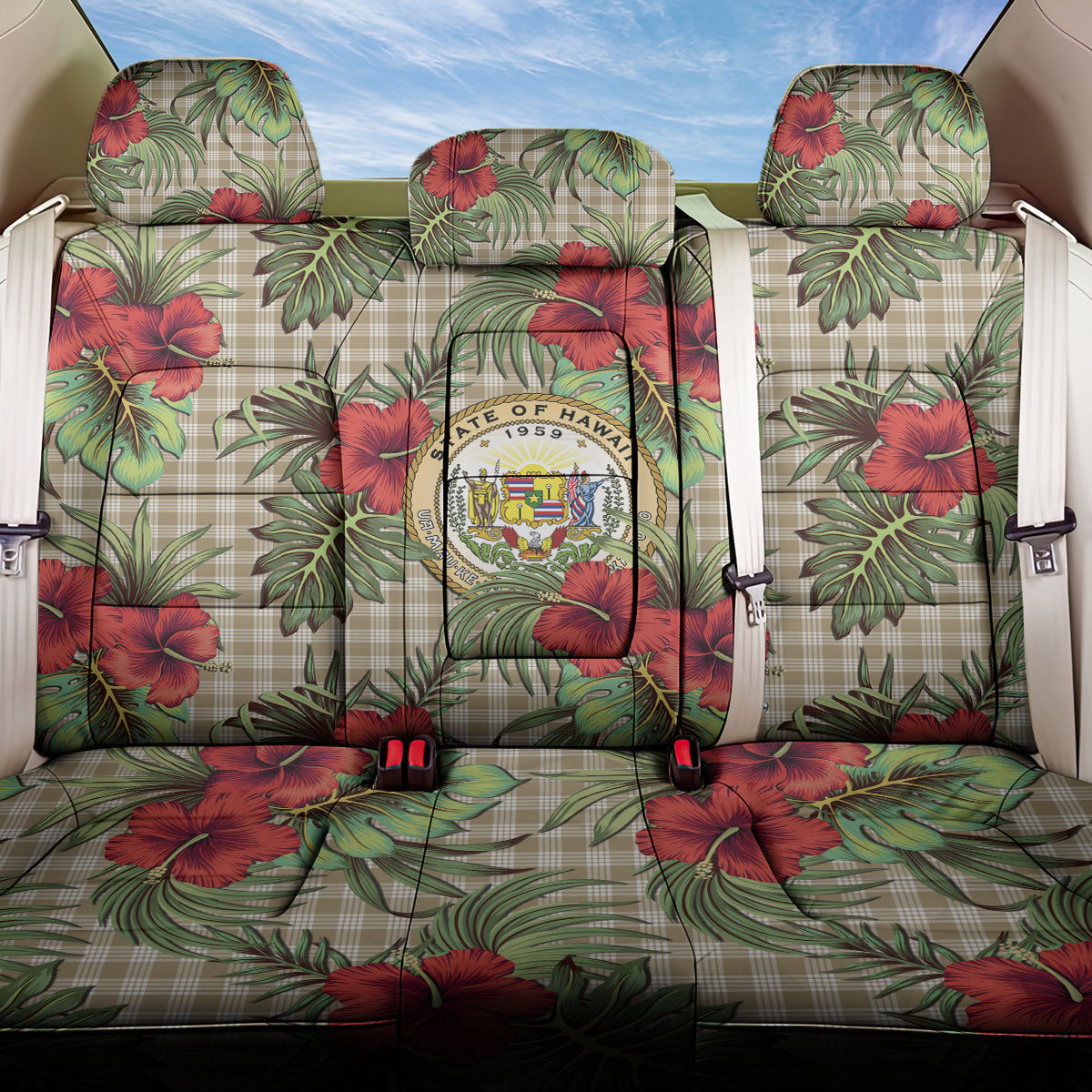 Vintage Hawaii Hibiscus Palaka Back Car Seat Cover Khaki Color