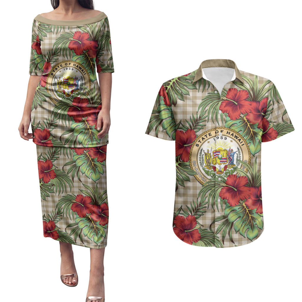 Vintage Hawaii Hibiscus Palaka Couples Matching Puletasi and Hawaiian Shirt Khaki Color LT19 Khaki - Polynesian Pride