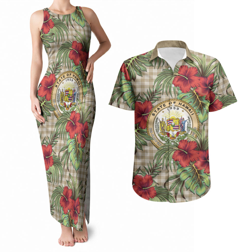 Vintage Hawaii Hibiscus Palaka Couples Matching Tank Maxi Dress and Hawaiian Shirt Khaki Color LT19 Khaki - Polynesian Pride