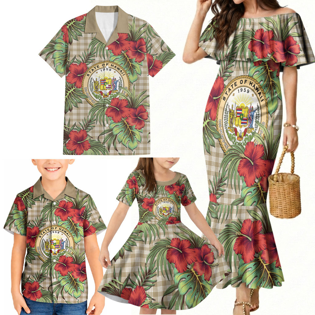 Vintage Hawaii Hibiscus Palaka Family Matching Mermaid Dress and Hawaiian Shirt Khaki Color LT19 - Polynesian Pride