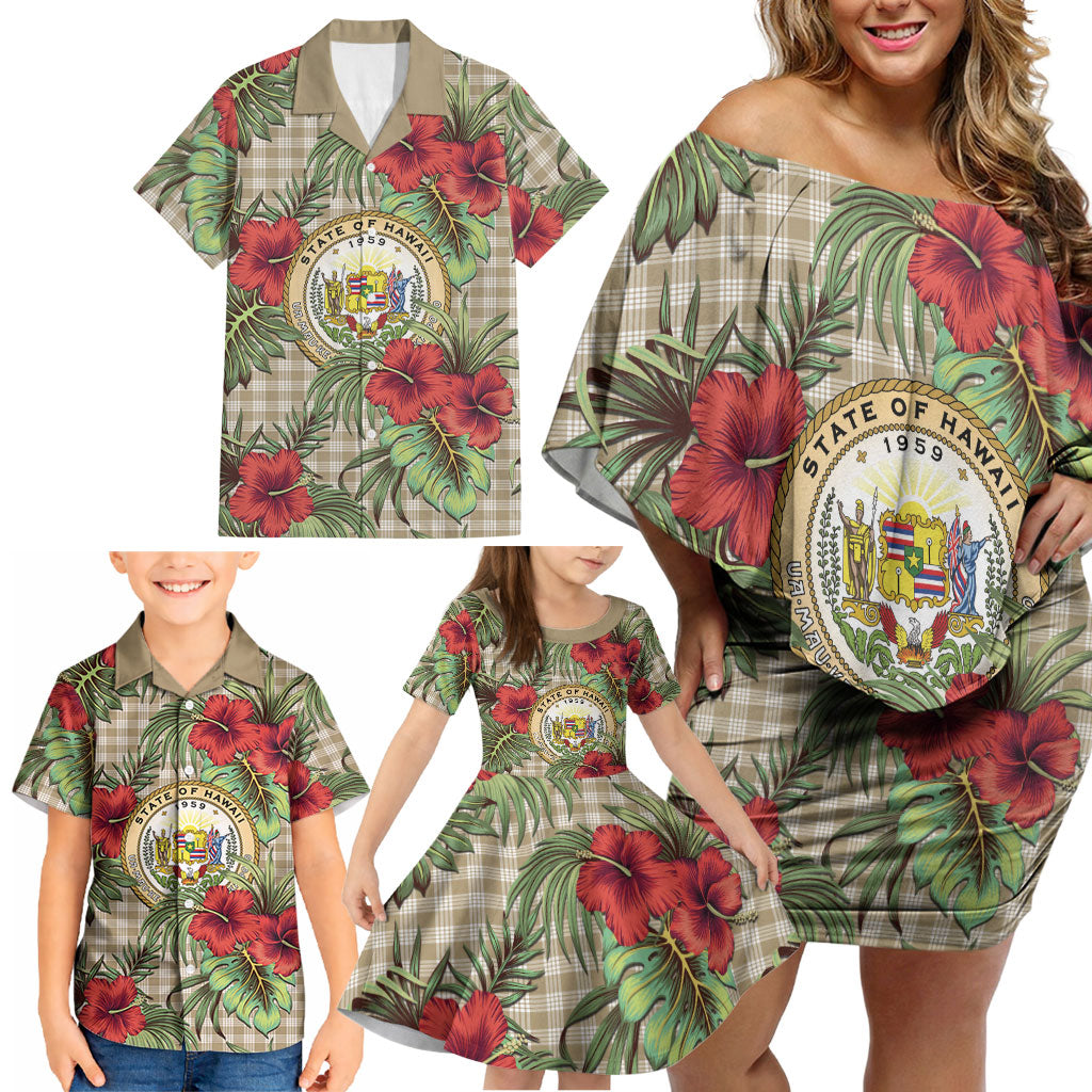 Vintage Hawaii Hibiscus Palaka Family Matching Off Shoulder Short Dress and Hawaiian Shirt Khaki Color LT19 - Polynesian Pride