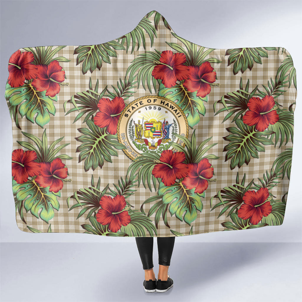 Vintage Hawaii Hibiscus Palaka Hooded Blanket Khaki Color