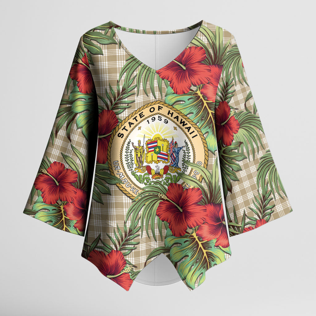 Vintage Hawaii Hibiscus Palaka Kimono Sleeve Blouse Khaki Color