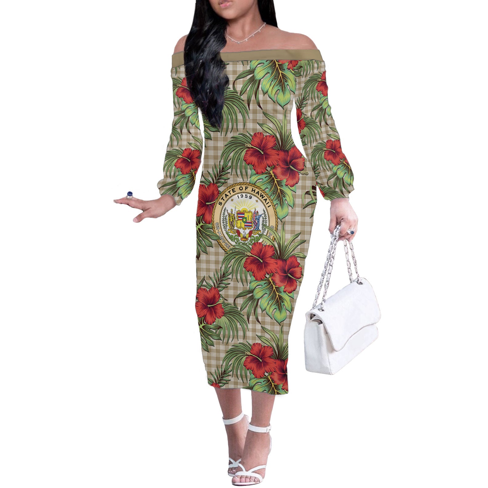 Vintage Hawaii Hibiscus Palaka Off The Shoulder Long Sleeve Dress Khaki Color LT19 Women Khaki - Polynesian Pride