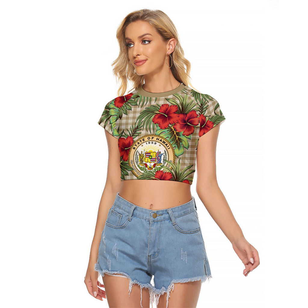 Vintage Hawaii Hibiscus Palaka Raglan Cropped T Shirt Khaki Color