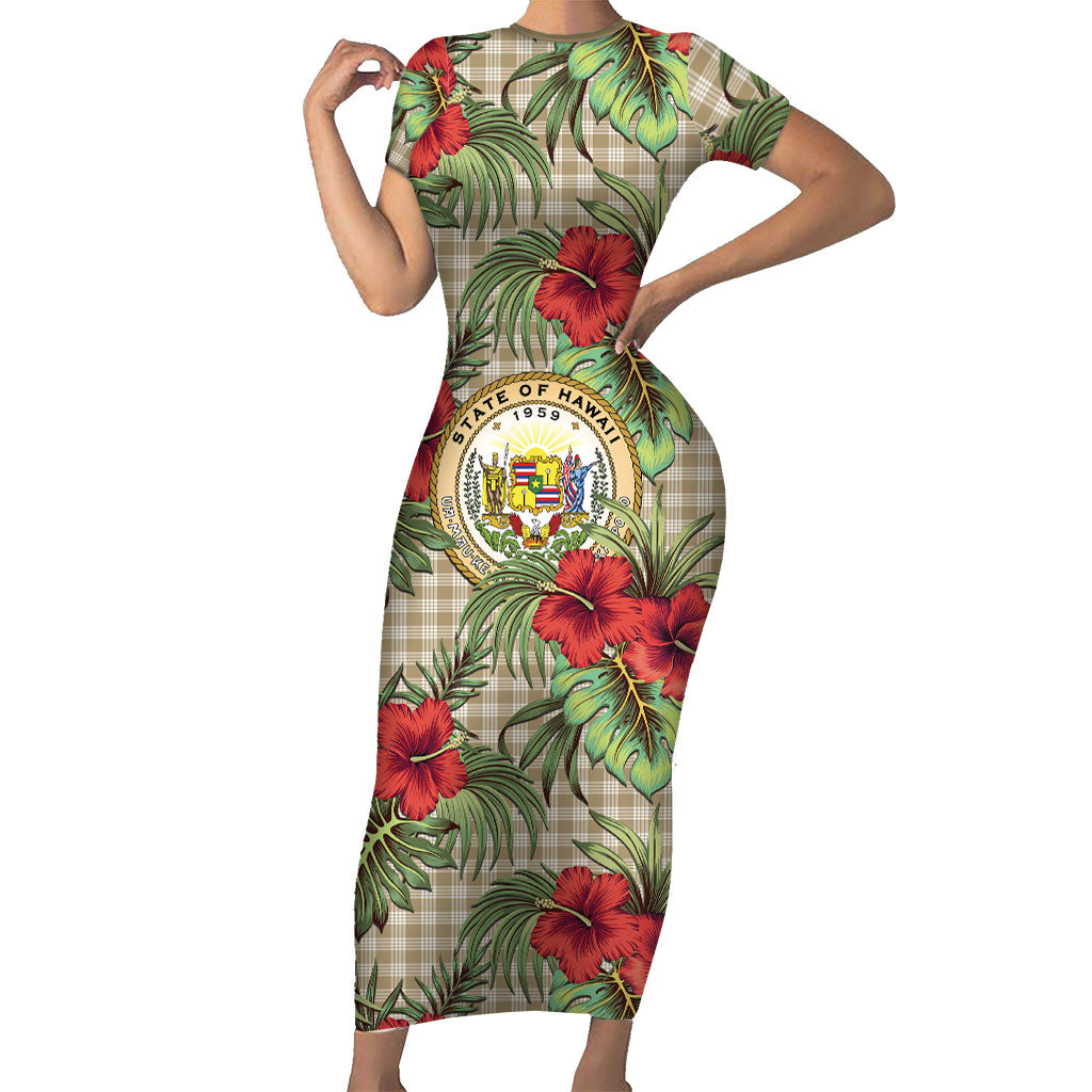 Vintage Hawaii Hibiscus Palaka Short Sleeve Bodycon Dress Khaki Color LT19 Long Dress Khaki - Polynesian Pride