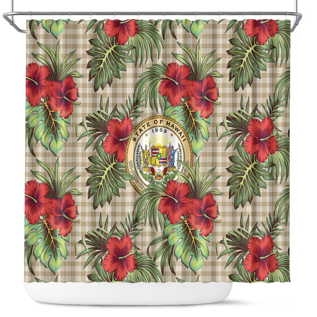 Vintage Hawaii Hibiscus Palaka Shower Curtain Khaki Color