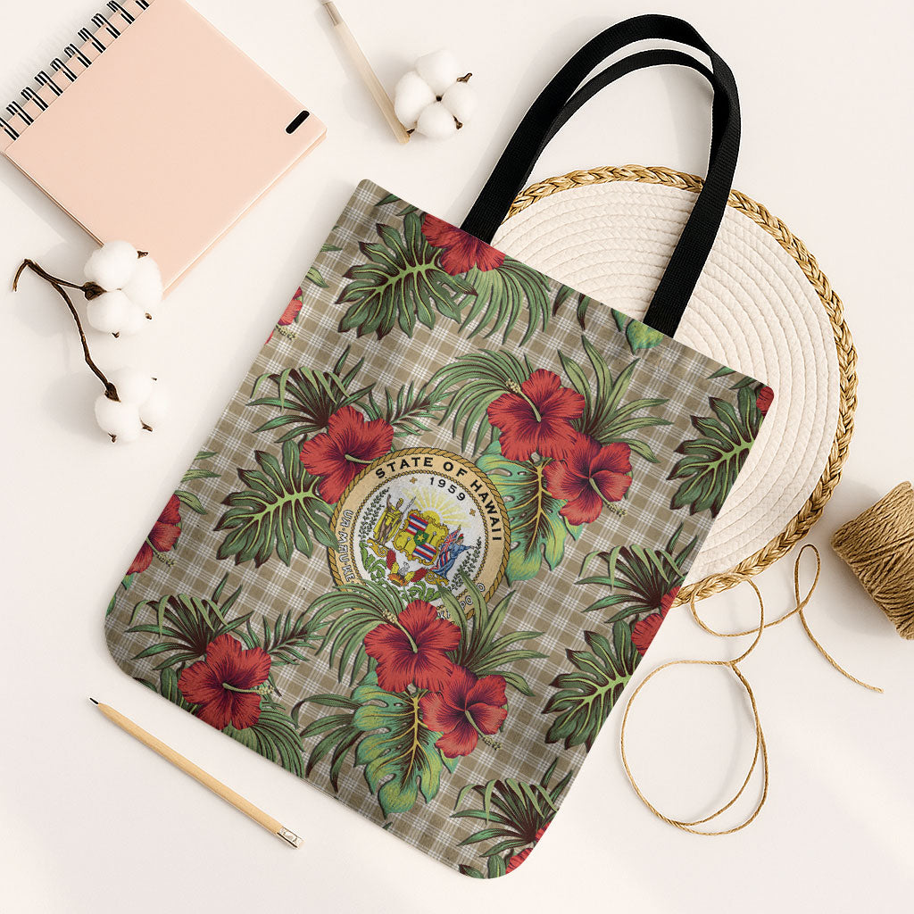 Vintage Hawaii Hibiscus Palaka Tote Bag Khaki Color