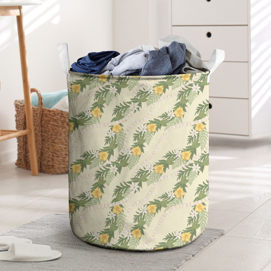 Hawaiian Pikake Maile Lei Laundry Basket Tiare Hibiscus Kalo Palapalai Leaf Beige