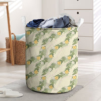 Hawaiian Pikake Maile Lei Laundry Basket Tiare Hibiscus Kalo Palapalai Leaf Beige