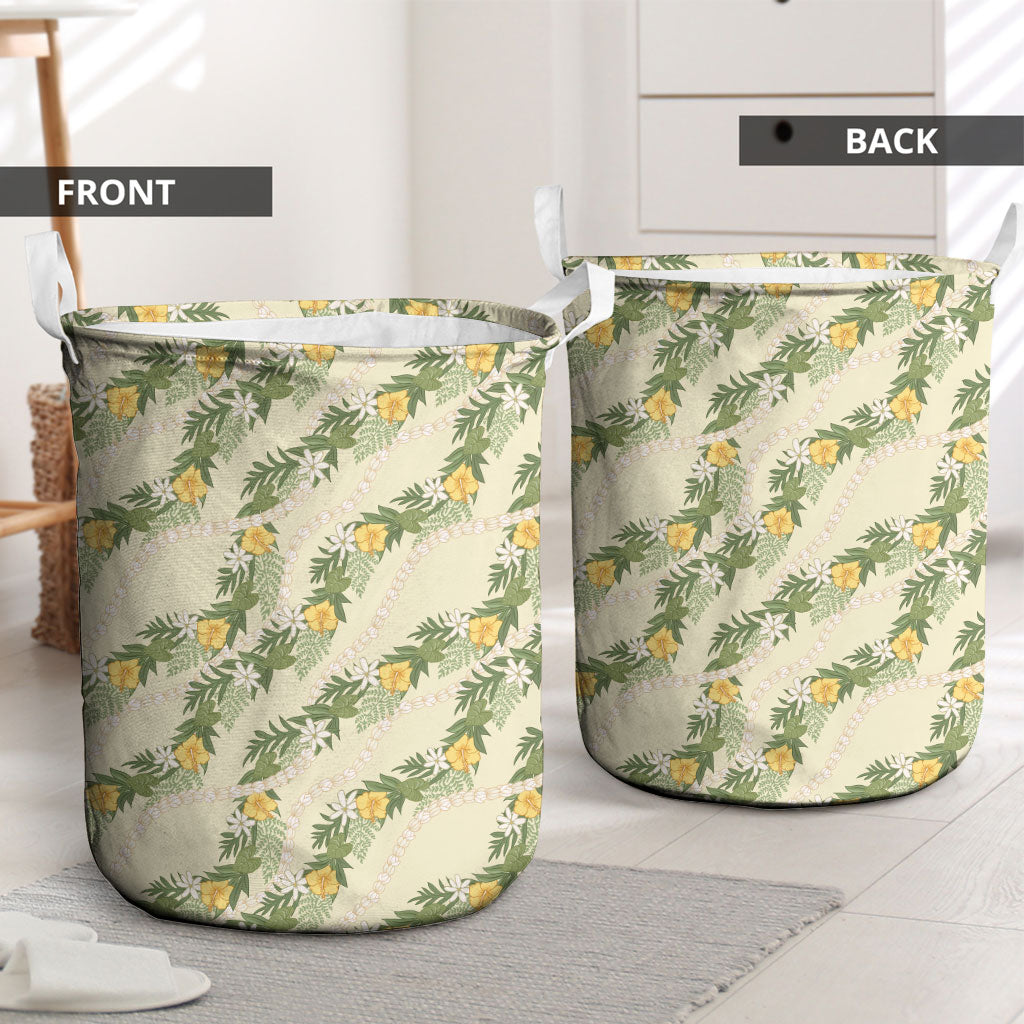 Hawaiian Pikake Maile Lei Laundry Basket Tiare Hibiscus Kalo Palapalai Leaf Beige