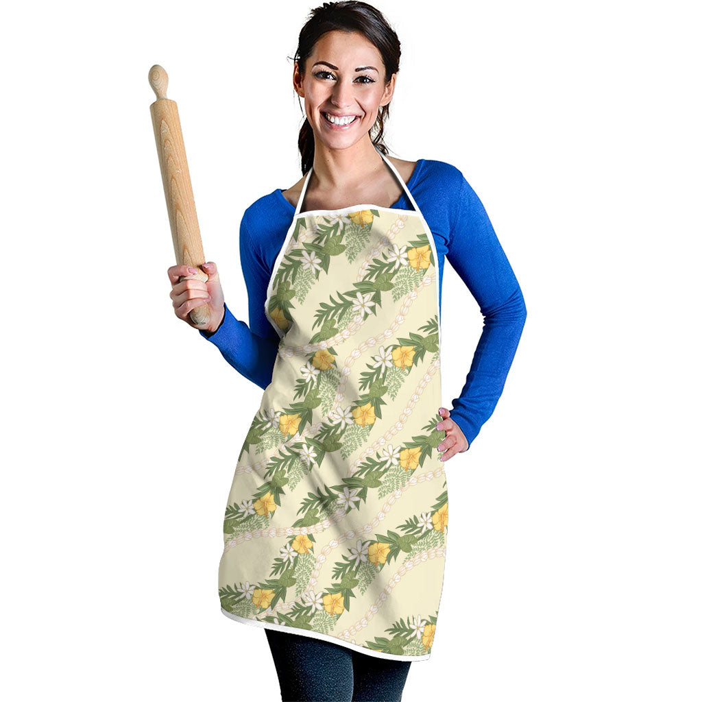 Hawaiian Pikake Maile Lei Apron Tiare Hibiscus Kalo Palapalai Leaf Beige