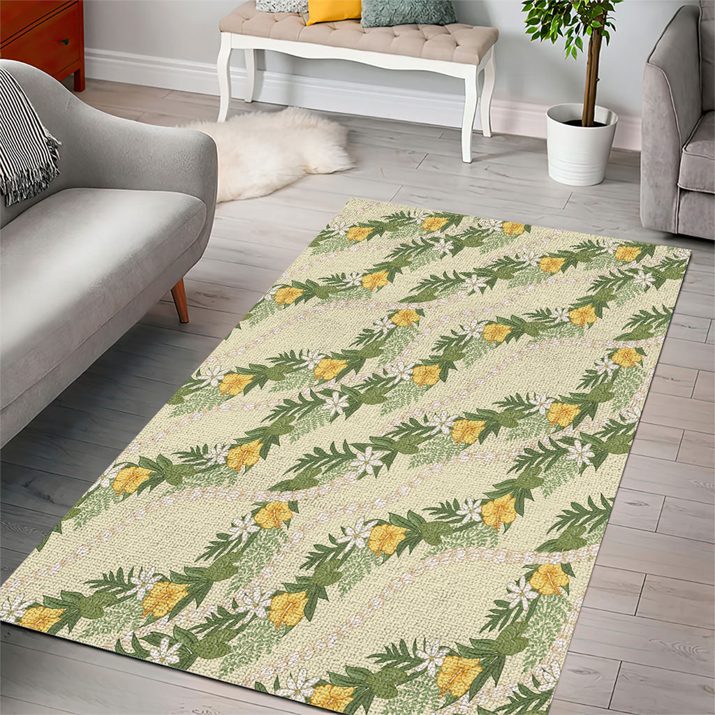 Hawaiian Pikake Maile Lei Area Rug Tiare Hibiscus Kalo Palapalai Leaf Beige
