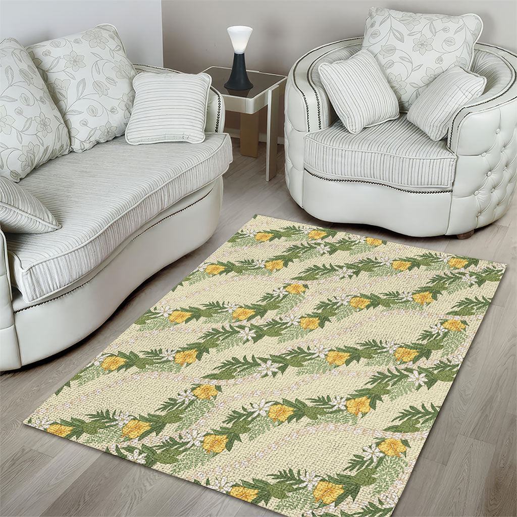 Hawaiian Pikake Maile Lei Area Rug Tiare Hibiscus Kalo Palapalai Leaf Beige
