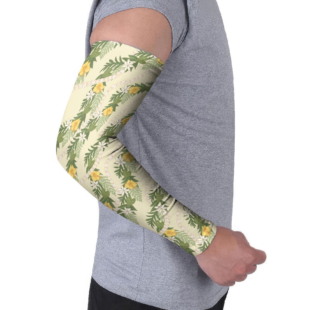 Hawaiian Pikake Maile Lei Arm Sleeves Tiare Hibiscus Kalo Palapalai Leaf Beige