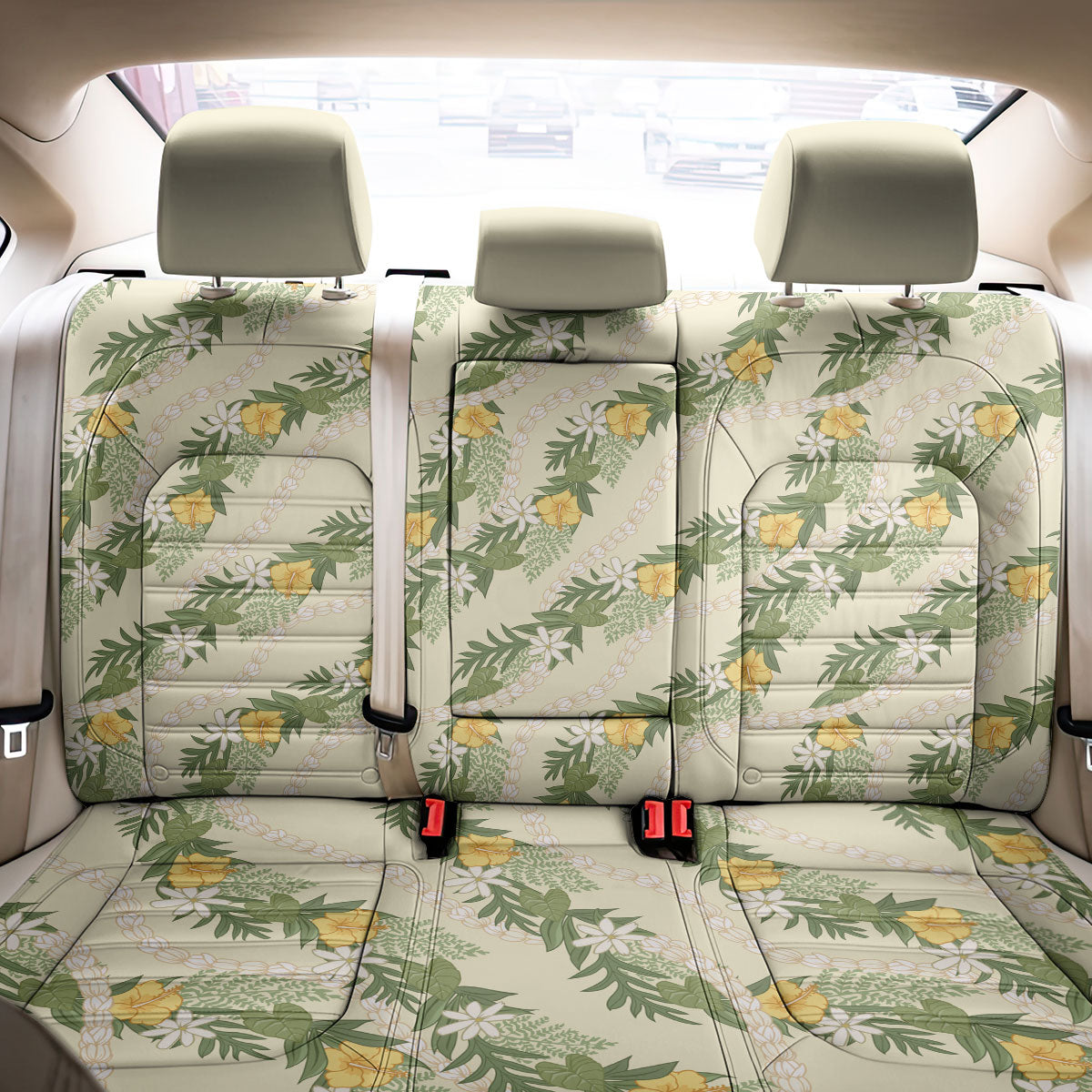 Hawaiian Pikake Maile Lei Back Car Seat Cover Tiare Hibiscus Kalo Palapalai Leaf Beige