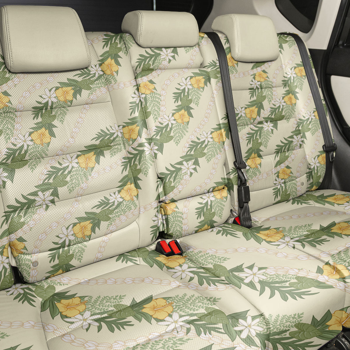 Hawaiian Pikake Maile Lei Back Car Seat Cover Tiare Hibiscus Kalo Palapalai Leaf Beige