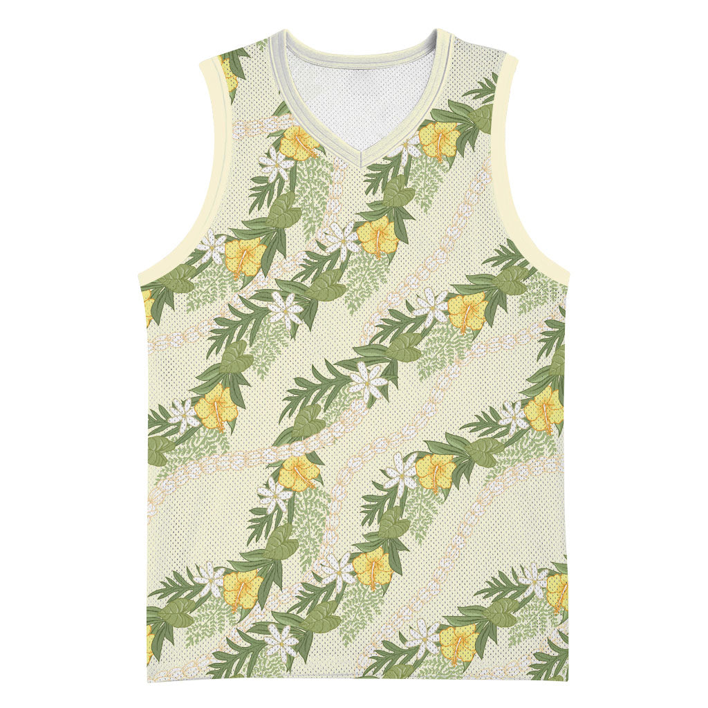 Hawaiian Pikake Maile Lei Basketball Jersey Tiare Hibiscus Kalo Palapalai Leaf Beige