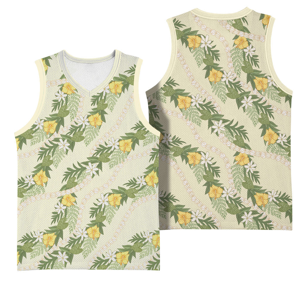 Hawaiian Pikake Maile Lei Basketball Jersey Tiare Hibiscus Kalo Palapalai Leaf Beige