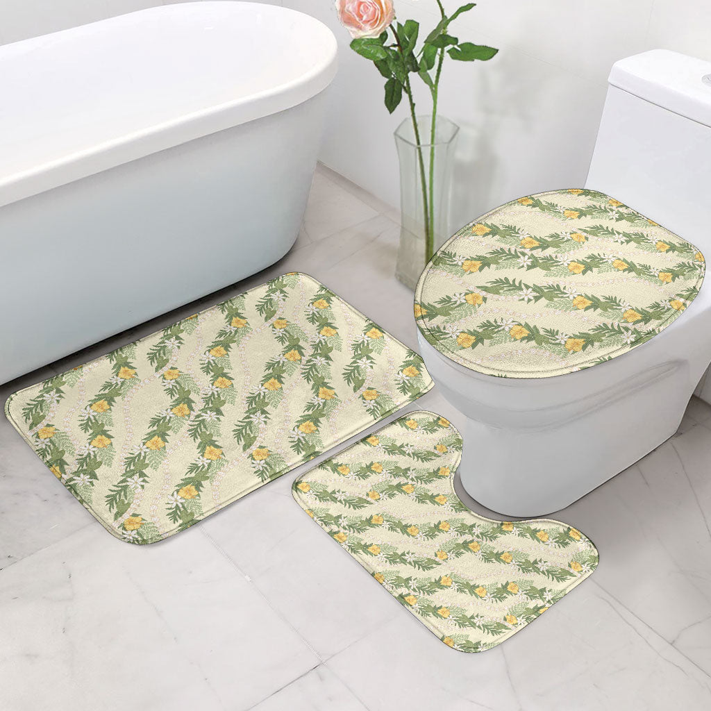 Hawaiian Pikake Maile Lei Bathroom Set Tiare Hibiscus Kalo Palapalai Leaf Beige