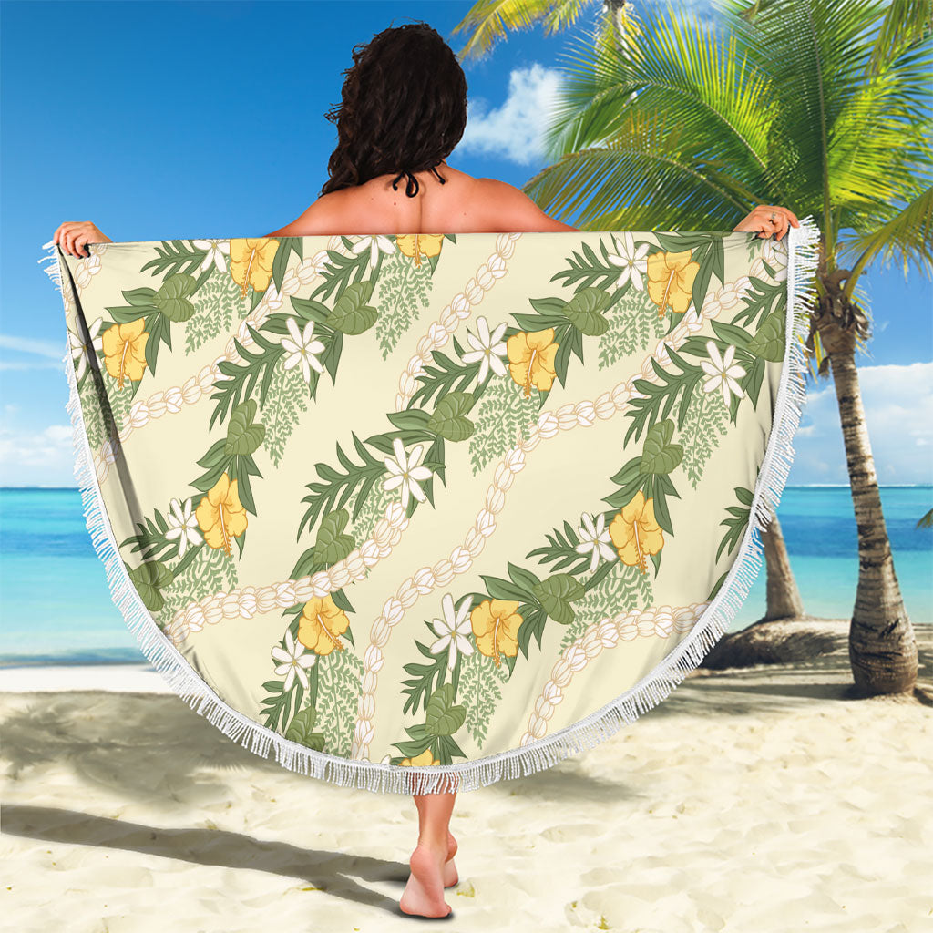 Hawaiian Pikake Maile Lei Beach Blanket Tiare Hibiscus Kalo Palapalai Leaf Beige