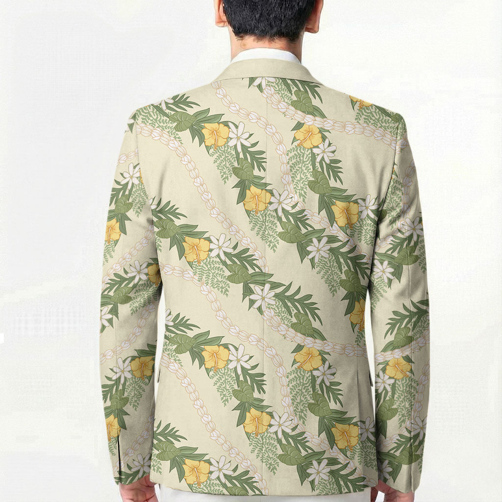 Hawaiian Pikake Maile Lei Blazer Tiare Hibiscus Kalo Palapalai Leaf Beige