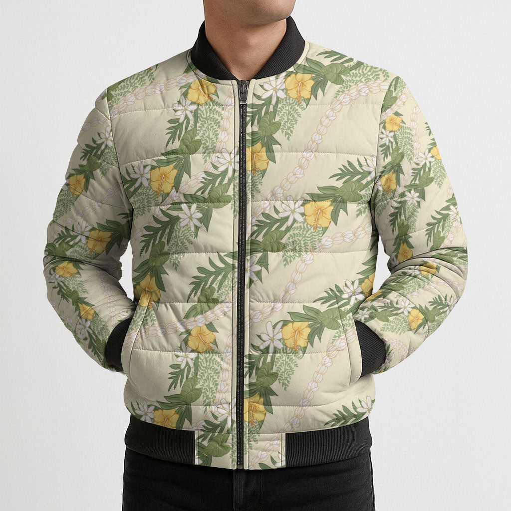 Hawaiian Pikake Maile Lei Bomber Puffer Jacket Tiare Hibiscus Kalo Palapalai Leaf Beige