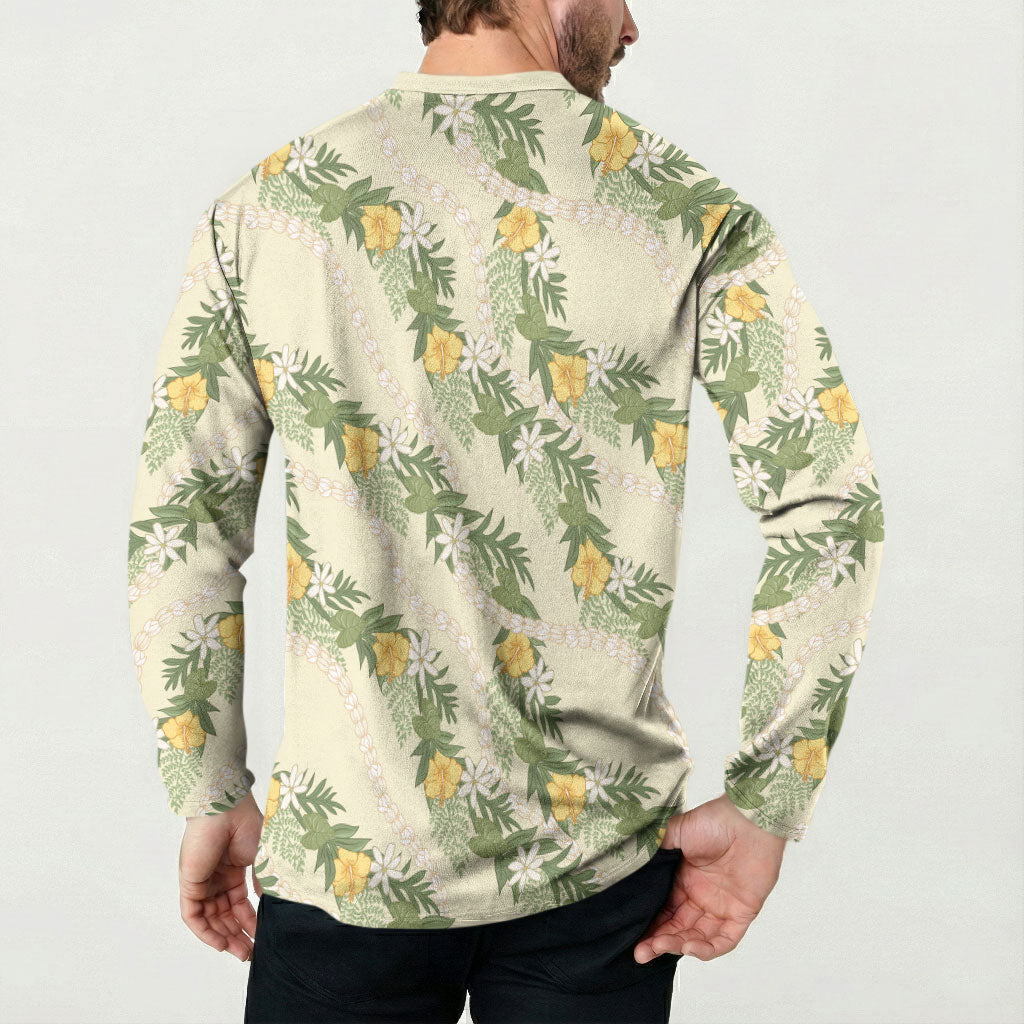 Hawaiian Pikake Maile Lei Button Sweatshirt Tiare Hibiscus Kalo Palapalai Leaf Beige