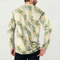 Hawaiian Pikake Maile Lei Button Sweatshirt Tiare Hibiscus Kalo Palapalai Leaf Beige
