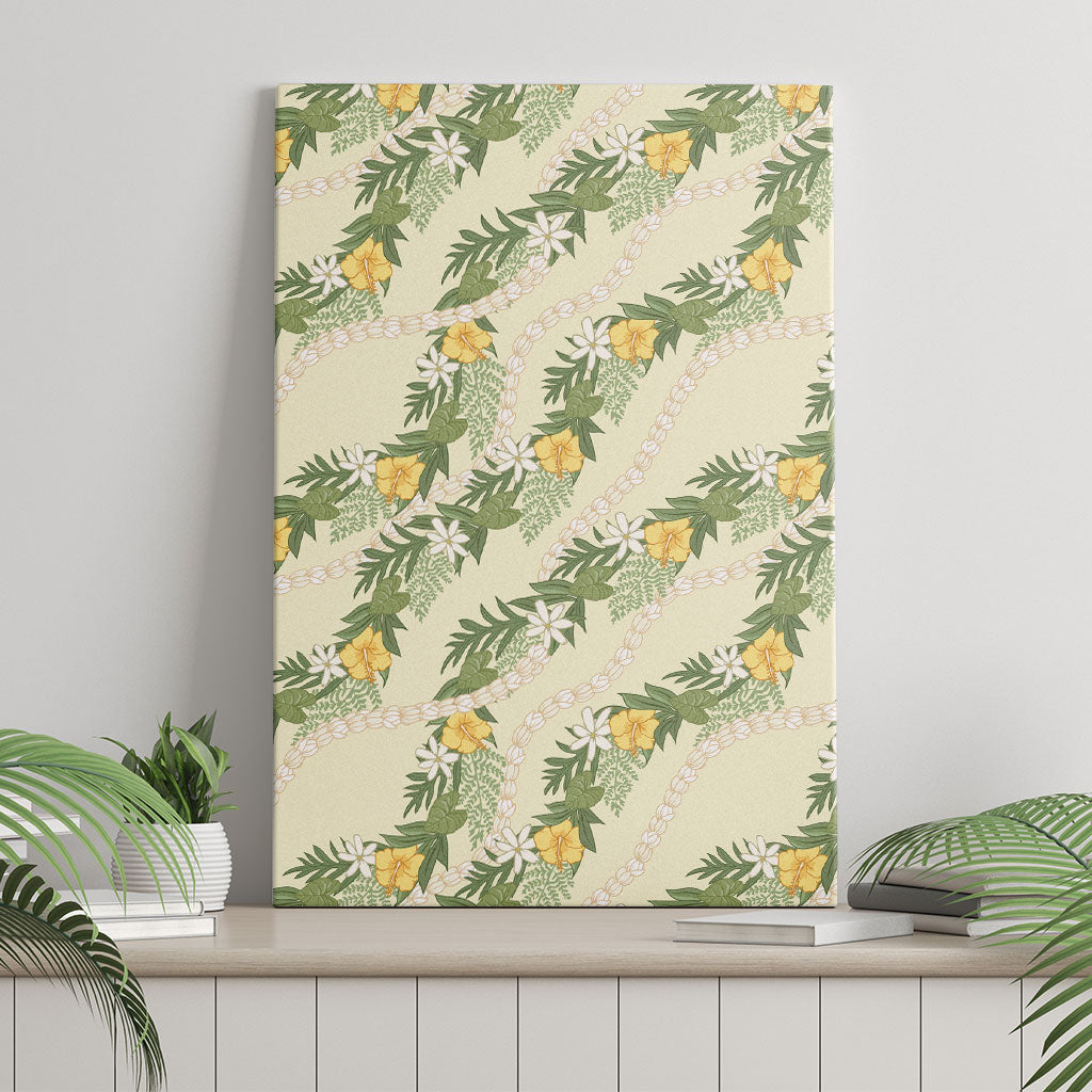 Hawaiian Pikake Maile Lei Canvas Wall Art Tiare Hibiscus Kalo Palapalai Leaf Beige