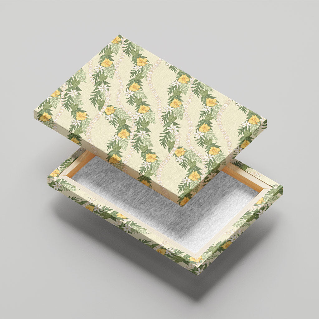 Hawaiian Pikake Maile Lei Canvas Wall Art Tiare Hibiscus Kalo Palapalai Leaf Beige