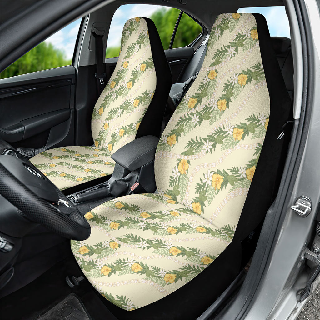 Hawaiian Pikake Maile Lei Car Seat Cover Tiare Hibiscus Kalo Palapalai Leaf Beige