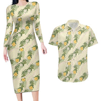 Hawaiian Pikake Maile Lei Couples Matching Long Sleeve Bodycon Dress and Hawaiian Shirt Tiare Hibiscus Kalo Palapalai Leaf Beige LT19 Beige - Polynesian Pride