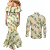 Hawaiian Pikake Maile Lei Couples Matching Mermaid Dress and Long Sleeve Button Shirt Tiare Hibiscus Kalo Palapalai Leaf Beige LT19 - Polynesian Pride