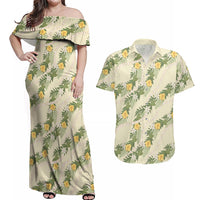 Hawaiian Pikake Maile Lei Couples Matching Off Shoulder Maxi Dress and Hawaiian Shirt Tiare Hibiscus Kalo Palapalai Leaf Beige LT19 Beige - Polynesian Pride