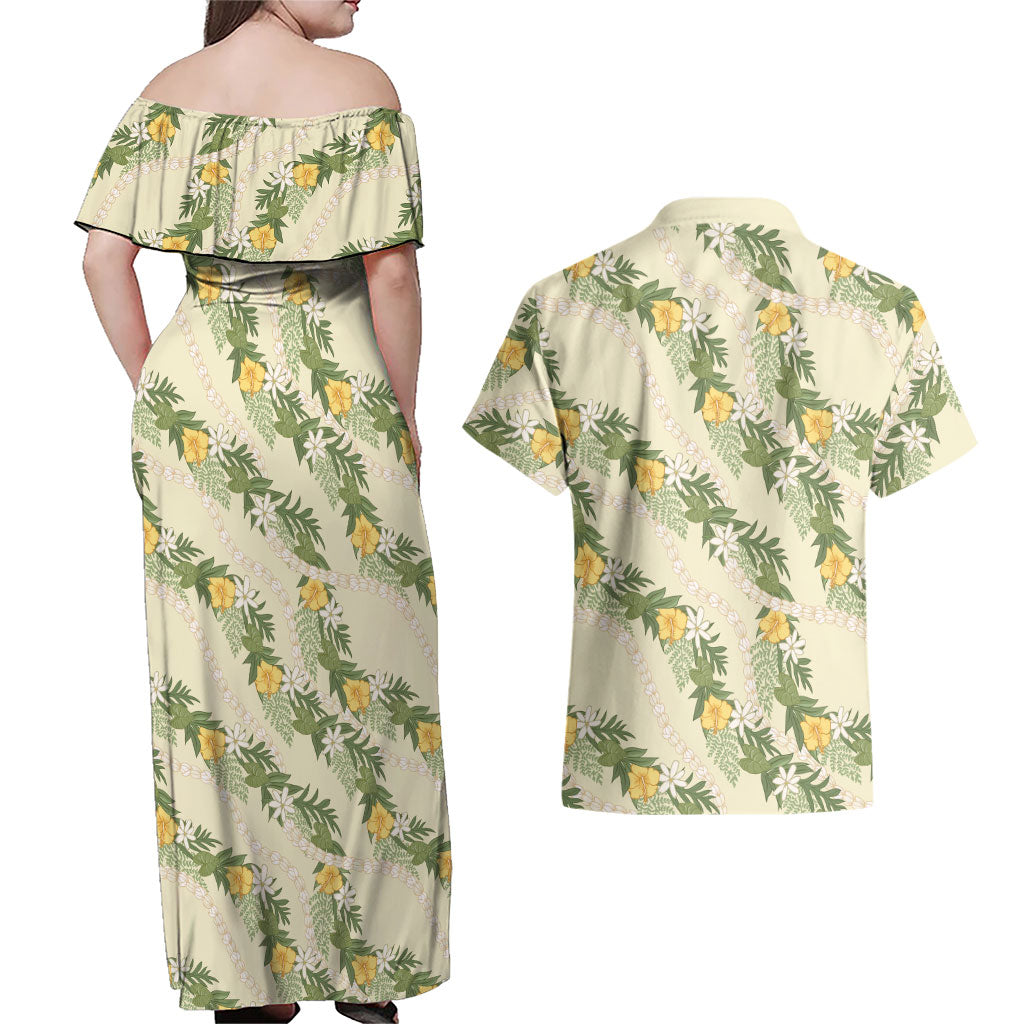 Hawaiian Pikake Maile Lei Couples Matching Off Shoulder Maxi Dress and Hawaiian Shirt Tiare Hibiscus Kalo Palapalai Leaf Beige LT19 - Polynesian Pride