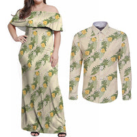 Hawaiian Pikake Maile Lei Couples Matching Off Shoulder Maxi Dress and Long Sleeve Button Shirt Tiare Hibiscus Kalo Palapalai Leaf Beige LT19 Beige - Polynesian Pride