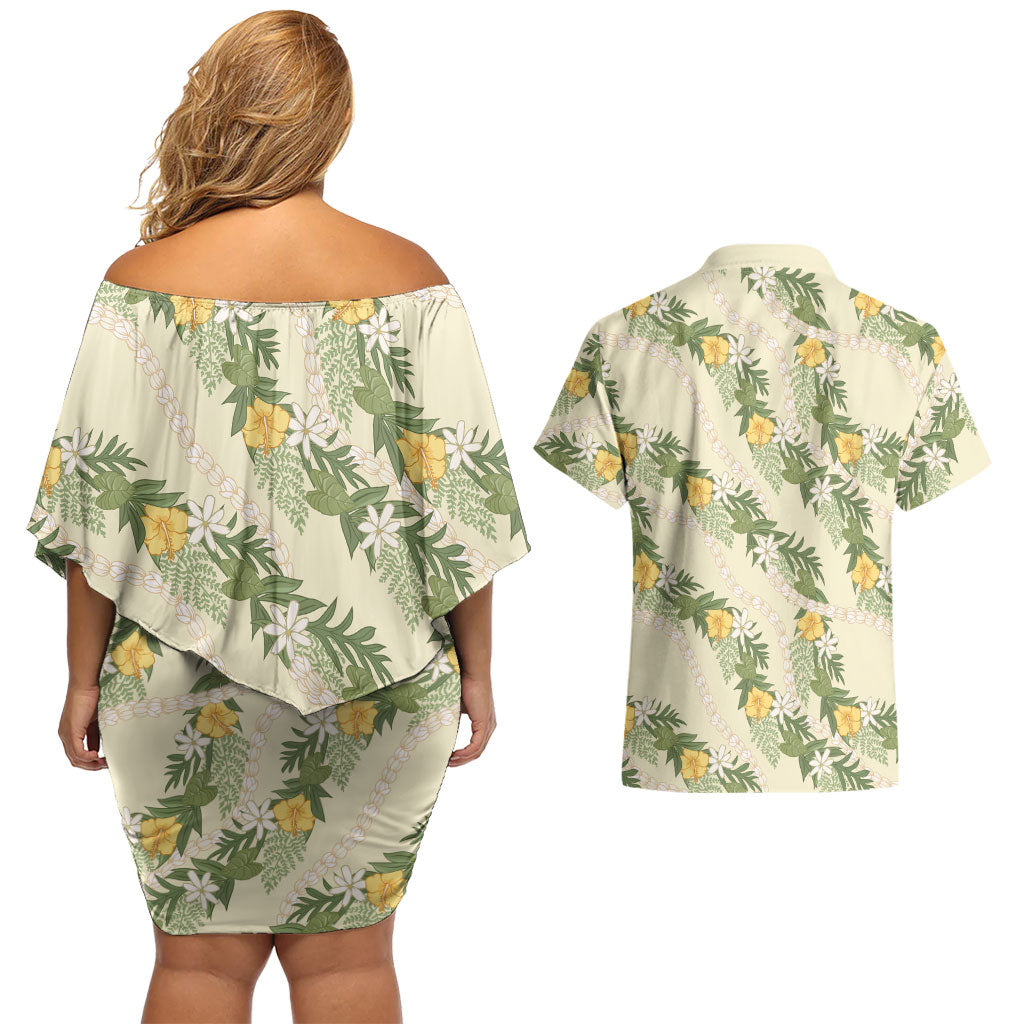 Hawaiian Pikake Maile Lei Couples Matching Off Shoulder Short Dress and Hawaiian Shirt Tiare Hibiscus Kalo Palapalai Leaf Beige LT19 - Polynesian Pride