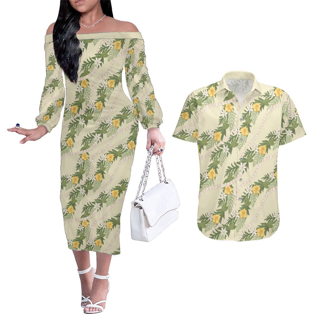 Hawaiian Pikake Maile Lei Couples Matching Off The Shoulder Long Sleeve Dress and Hawaiian Shirt Tiare Hibiscus Kalo Palapalai Leaf Beige LT19 Beige - Polynesian Pride