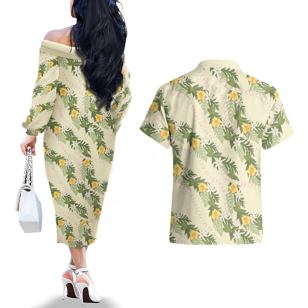 Hawaiian Pikake Maile Lei Couples Matching Off The Shoulder Long Sleeve Dress and Hawaiian Shirt Tiare Hibiscus Kalo Palapalai Leaf Beige LT19 - Polynesian Pride