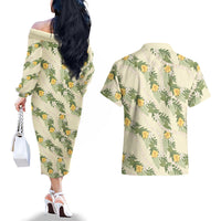 Hawaiian Pikake Maile Lei Couples Matching Off The Shoulder Long Sleeve Dress and Hawaiian Shirt Tiare Hibiscus Kalo Palapalai Leaf Beige LT19 - Polynesian Pride