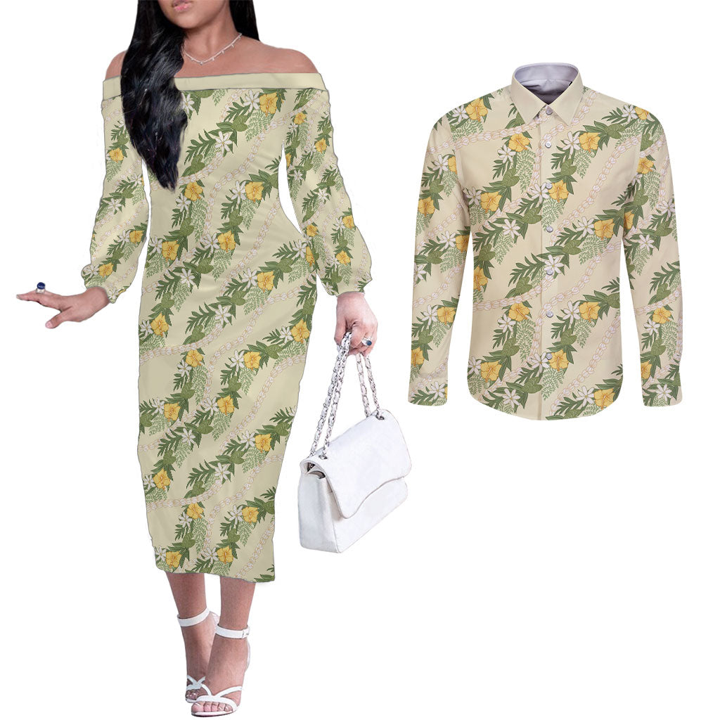Hawaiian Pikake Maile Lei Couples Matching Off The Shoulder Long Sleeve Dress and Long Sleeve Button Shirt Tiare Hibiscus Kalo Palapalai Leaf Beige LT19 Beige - Polynesian Pride