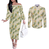 Hawaiian Pikake Maile Lei Couples Matching Off The Shoulder Long Sleeve Dress and Long Sleeve Button Shirt Tiare Hibiscus Kalo Palapalai Leaf Beige LT19 Beige - Polynesian Pride