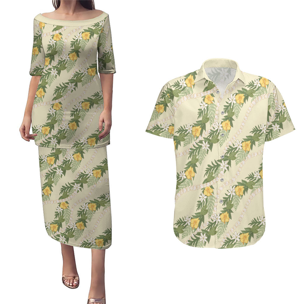 Hawaiian Pikake Maile Lei Couples Matching Puletasi and Hawaiian Shirt Tiare Hibiscus Kalo Palapalai Leaf Beige